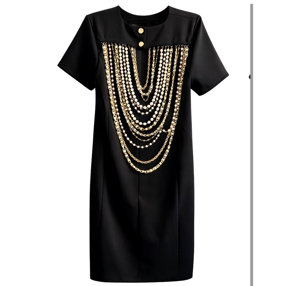 Elegant Black Chain & Pearl Detail Dress – Size 12